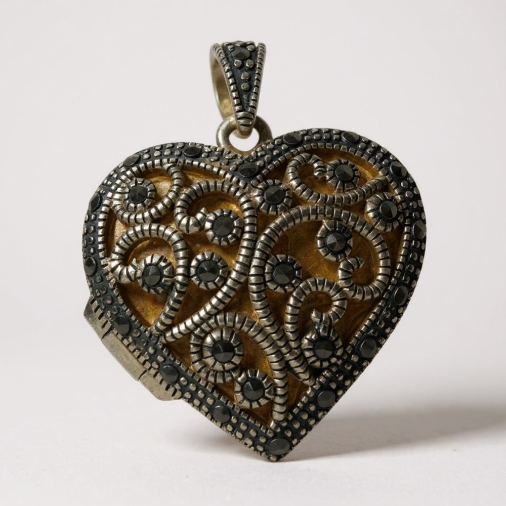 Vintage Sterling Silver 925 Thailand Heart Locket Pendant w/ Marcasite
